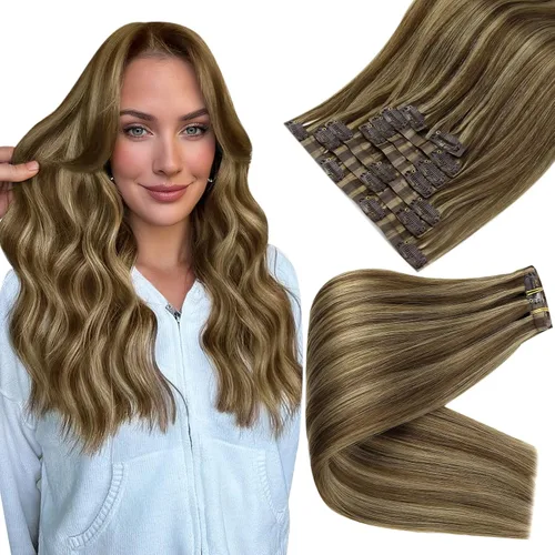 Miniatura 36 de Full Shine Extensiones de cabello humano con pinzas, cabello humano Remy invisible para mujer, color rubio platino, 20 pulgadas, 8 unidades, 4.23 oz