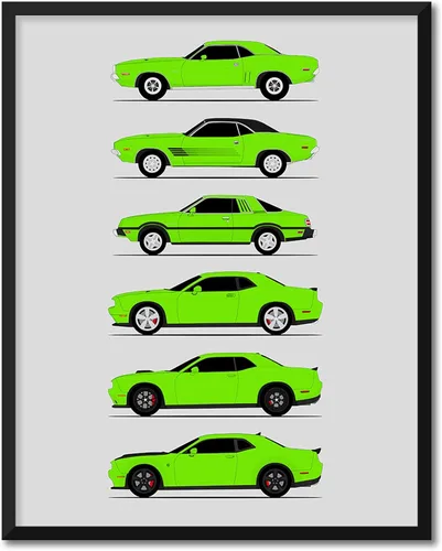 Miniatura 13 de Custom Car Posters Póster hecho a mano compatible con Dodge Challenger Generations e impresión de Challenger SRT, multicolor, impresión metálica