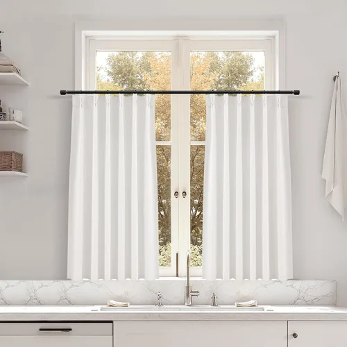 Miniatura 89 de Juego de 2 paneles de cortinas de ventana de cocina beige de 24 pulgadas de largo, con textura de lino, plisadas, filtrantes de luz, semi pequeñas