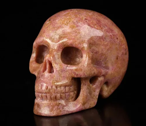 Skullis Calavera de cristal de rodonita rosa y negra, escultura de arte fino de piedras preciosas talladas a mano, estatua de piedra curativa de