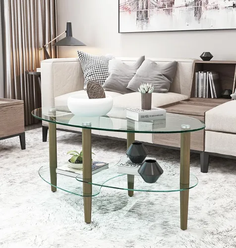 Miniatura 4 de Mesa de centro ovalada con almacenamiento, moderna mesa de vidrio de 3 capas para sala de estar (marrón)