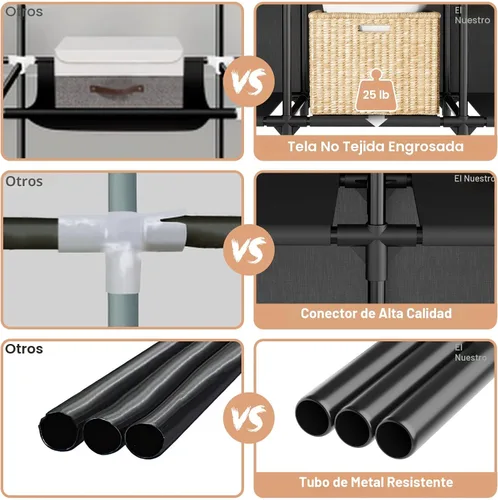 Miniatura 5 de Armario portátil para colgar ropa, armario portátil con tapa, 4 estantes de almacenamiento, 2 varillas para colgar y 8 bolsillos laterales, fácil