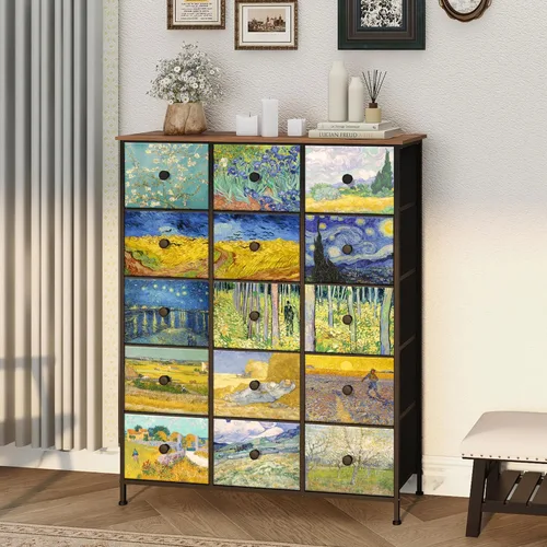 Miniatura 4 de EXOTICA - Cómoda grande con 15 cajones, cómoda alta de tela Van Gogh para dormitorio, sala de estar, entrada, armario con marco de metal resistente