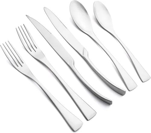 Juego de cubiertos de plata mate con cuchillo para carne, 24 piezas de cubiertos pesados de acero inoxidable 18/10, juego de utensilios generosos