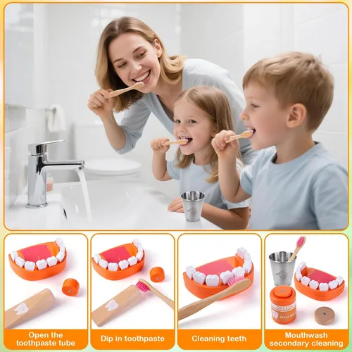 Miniatura 4 de Juego de dentista para niños, kit médico de madera para niños pequeños de 3 a 5 años con estetoscopio real, dientes extraíbles, frenos y bolsa