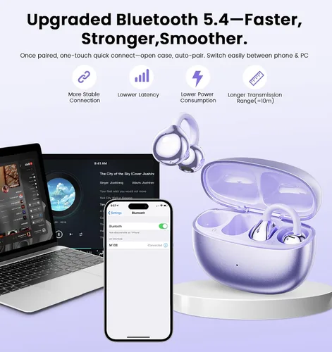 Miniatura 8 de Auriculares con clip, auriculares de oreja abierta inalámbricos Bluetooth 5.4, auriculares ligeros de oreja abierta con micrófono batería 59H