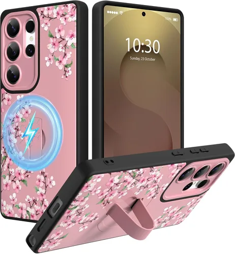 Miniatura 56 de Funda magnética compatible con Samsung Galaxy S25 Ultra para mujeres y hombres, estética flor de durazno, correa de muñeca ajustable incorporada
