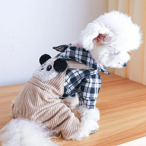 Miniatura 32 de Ropa de invierno para perros, camisas a cuadros para mascotas, elegante mono con babero para perros pequeños, lindos dibujos animados, monos