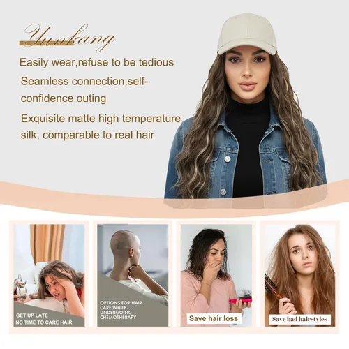 Miniatura 7 de Gorra de béisbol con peluca de cabello largo ondulado natural, con gorra, resistente al calor, mezcla sintética marrón rubio, fibras ajustables