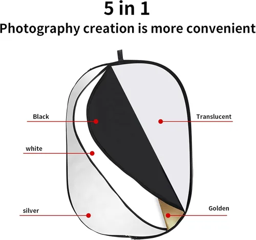 Miniatura 3 de Godox Reflector de luz plegable para fotografía de 90x120cm/35"x47", difusor multidisco oval 5 en 1 con bolsa de transporte - Oro, plateado, negro