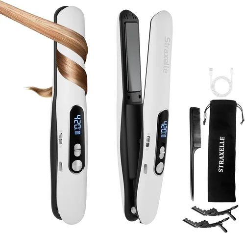 Miniatura 8 de Mini alisador y rizador de pelo inalámbrico 2 en 1, mini plancha plana portátil ajustable de 350 °F a 420 °F (350°F-420°F), pantalla LED/plancha
