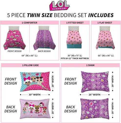 Miniatura 4 de Franco LOL Surprise Bedding Juego de edredón y sábanas súper suaves con funda, 5 piezas tamaño individual LOL Surprise Juego de cortinas