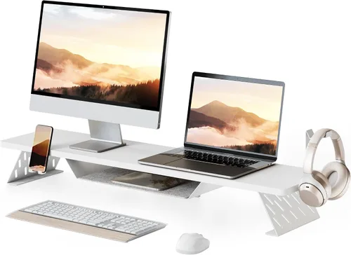 Miniatura 11 de Fenge Soporte de monitor doble, elevador de monitor de 42.5 pulgadas para escritorio, estante de escritorio de madera para 2 monitores, estante