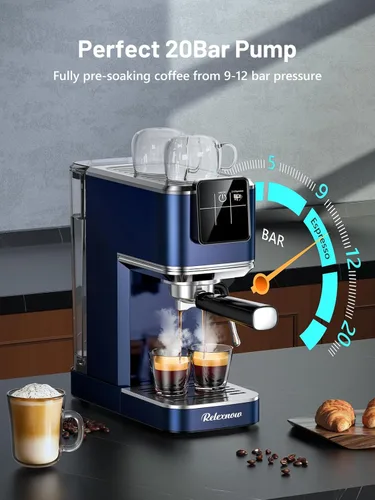 Miniatura 2 de RELEXNOW Máquina de café expreso, 20 bares, espumador de leche y panel LCD, máquina de café caliente y helado, máquina de café espresso de acero Azul