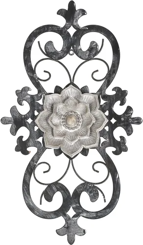 Arte de pared de flores de metal, 15.75 x 9 pulgadas, decoración de pared floral de pergamino de metal, escultura de pared colgante con flor bohemia