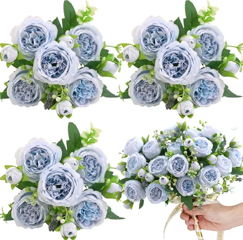 Miniatura 11 de ASTRYAS 4 piezas de peonías artificiales rosas de seda, flores de peonía de seda falsas, ramo de peonías artificiales de seda para centro de mesa