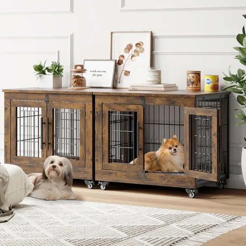 Miniatura 24 de YaFiti Mueble de jaula para perros con cojín, perrera de madera para interiores con puertas dobles, jaula para perros con ruedas, mesa auxiliar