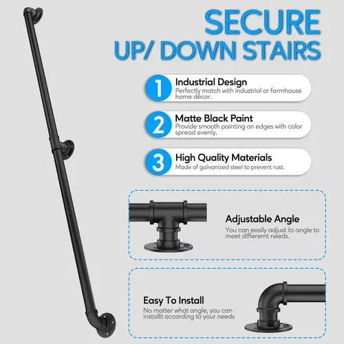 Miniatura 2 de Barandilla de tubo para escalera Rectoo, pasamanos de escalera de metal de 3 pies, pasamanos de hierro industrial galvanizado negro para soporte