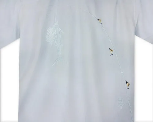 Miniatura 3 de Bamboo Cay Camisa de campamento bordada estilo tropical Shake The Hook para hombre, Azul Patchwork