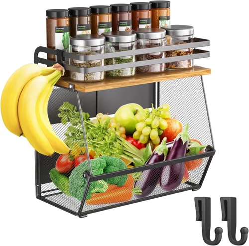 Miniatura 10 de Estante magnético para refrigerador con tapa de madera, organizador de cesta de alambre de gran capacidad para especias, frutas, cebollas y papas