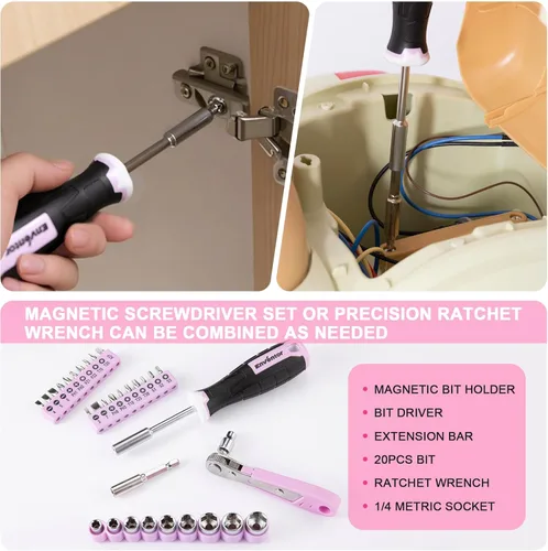 Miniatura 5 de Enventor Juego de herramientas rosas para mujeres, kit de herramientas manuales para el hogar general de 146 piezas con caja de herramientas