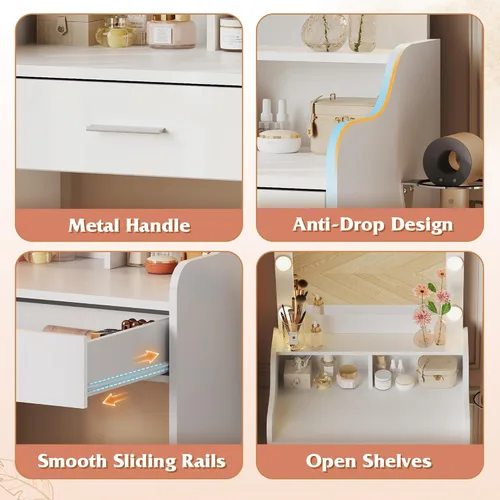 Miniatura 8 de WLIVE Escritorio de tocador con espejo y luces, mesa de maquillaje con cajón, armario y estantes abiertos, tocador de dormitorio con estación
