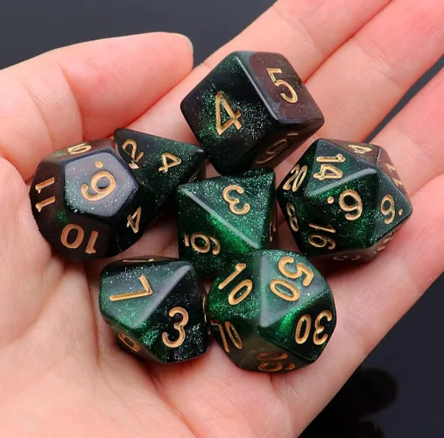 Miniatura 5 de Juego de dados poliédricos DND con brillo para juegos de rol de mazmorras y dragones (D&D) RPG, dados verdes mezclados con nebulosa negra