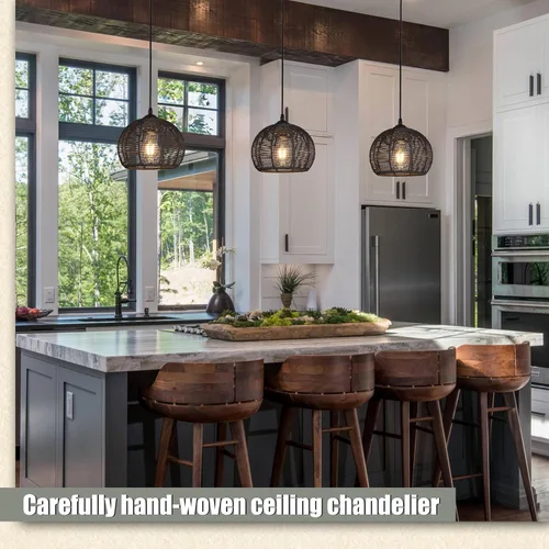 Miniatura 7 de Ayshwill Dec Lámpara de araña negra tejida estilo boho de ratán y mimbre con cúpula, lámpara colgante para comedor, dormitorio, isla de cocina