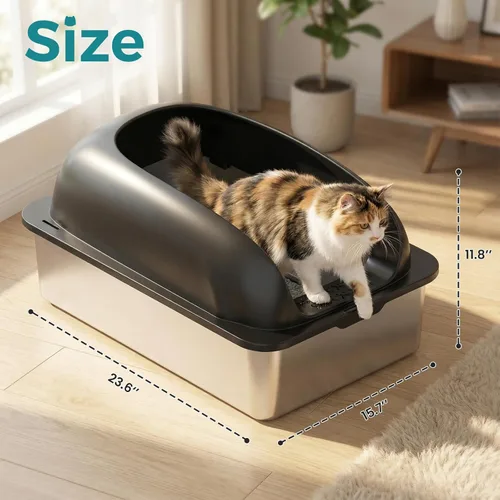 Miniatura 5 de OLIXIS Caja de arena para gatos de acero inoxidable con tapa, caja de arena grande para gatos grandes, lados de pared alta, antifugas de orina