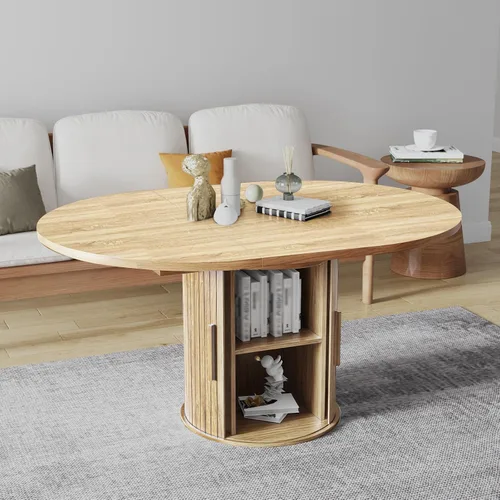 Miniatura 7 de Mesa de comedor redonda extensible de 43.3-59 pulgadas para 4-6-8, puerta corredera de madera estriada, mesa de cocina ovalada moderna, base
