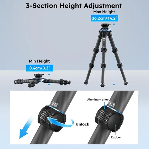 Miniatura 6 de Kit de Trípode de Mesa de Fibra de Carbono SIRUI con Ajuste de Cuenco ±15°, Ultraligero Compacto de Solo 0.62kg, Carga Máxima 5kg/11.02lb