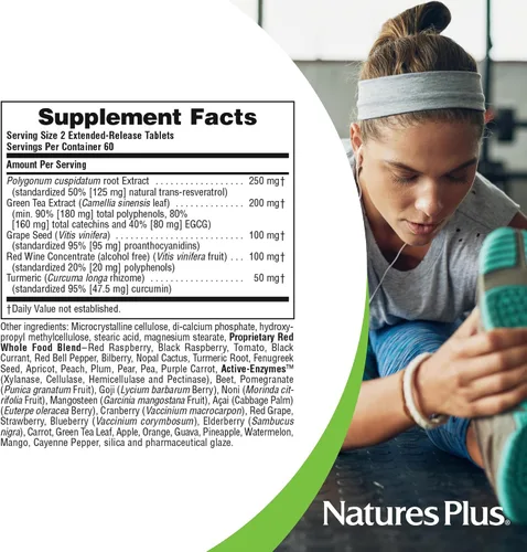 Miniatura 4 de NaturesPlus Herbal Actives Resveratrol, liberación prolongada - 60 tabletas - Vegetariano, sin gluten - 30 porciones