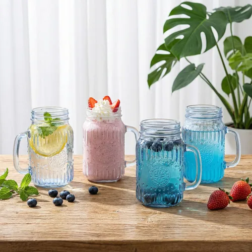 Miniatura 4 de SUT Mason Jar - Vasos para beber con asa, paquete de 6, 16 onzas, tazas de tarro azul en relieve vintage para café helado, jugo, té y cerveza