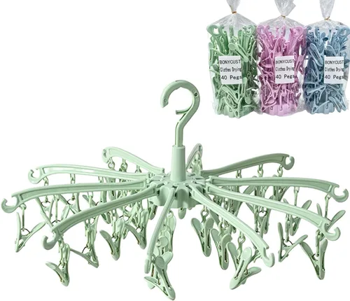 Miniatura 10 de Estante de secado plegable BONYCUST con 24 clips para secar calcetines, lencería, ropa de bebé, toallas. Estante giratorio para calcetines 2 piezas