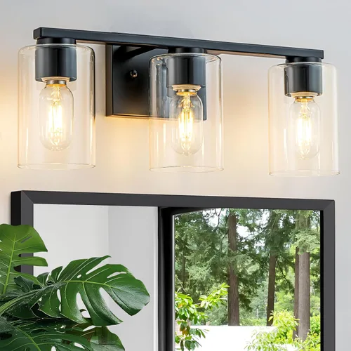 WILON Lámpara de tocador de baño, 3 luces de tocador modernas de color negro claro con apliques de pared de vidrio transparente con vidrio