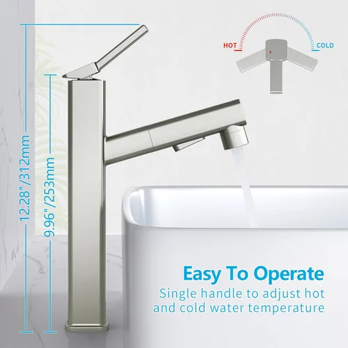 Miniatura 4 de MIAOHUI Grifo de Lavabo de Vasija con Rociador Extraíble, Grifo Alto de Lavabo de Baño de 3 Modos de Rociado, Grifos Altos de Baño para Lavabo de 1