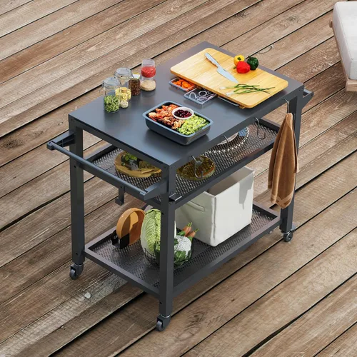 Miniatura 9 de Domi - Mesa de parrilla para exteriores de 3 estantes, carrito de parrilla con ruedas, horno de pizza al aire libre y mesa de preparación