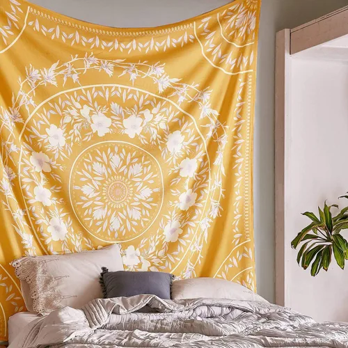 Miniatura 9 de Simpkeely Tapiz de medallón floral esbozado, tapiz colgante de pared con mandala bohemio, mural de impresión de arte indio para dormitorio, sala