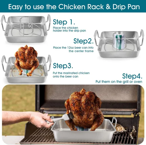 Miniatura 3 de TeamFar Soporte para latas de cerveza, bandeja de goteo de acero inoxidable con soporte vertical para parrilla y horno, ahumador, saludable