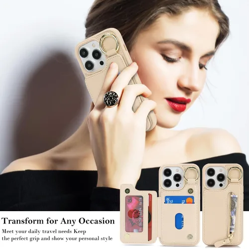 Miniatura 4 de Havaya Funda para iPhone 13 Pro con tarjetero y llavero, soporte de cuero, a prueba de golpes, con ranuras para tarjetas de crédito, cremallera