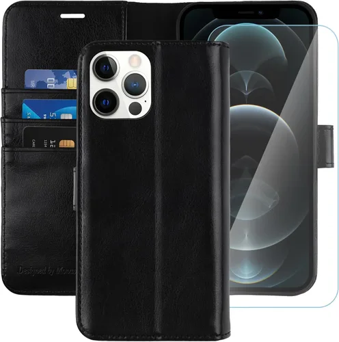 MONASAY Funda tipo cartera compatible con iPhone 11 Pro Max 5G de 6.5 pulgadas, protector de pantalla de cristal incluido, bloqueo RFID, funda de