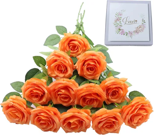 Miniatura 33 de LVEFIT 12 rosas artificiales de seda de color naranja quemado, ramo de rosas de seda de tallo largo para bodas, despedidas de soltera, fiestas