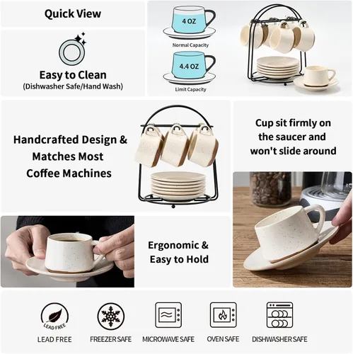 Miniatura 7 de SIDUCAL Juego de 6 tazas apilables para capuchino de 4 onzas, tazas de café de cerámica con platillos y portavasos, aptos para microondas