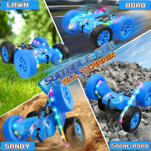 Miniatura 5 de Jimdella - Auto a control remoto con tira de luz lateral y faros, doble cara giratoria de 360 °, acrobacias todo terreno de 2.4 Ghz para edades de 4