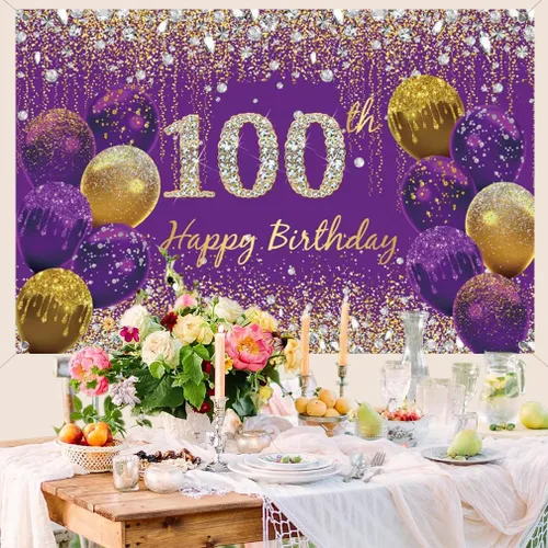 Miniatura 4 de Decoración de cumpleaños número 100 para mujer, póster de tela morada, decoración de fiesta de nacimiento y fiesta, pancarta de fondo 100 pies B