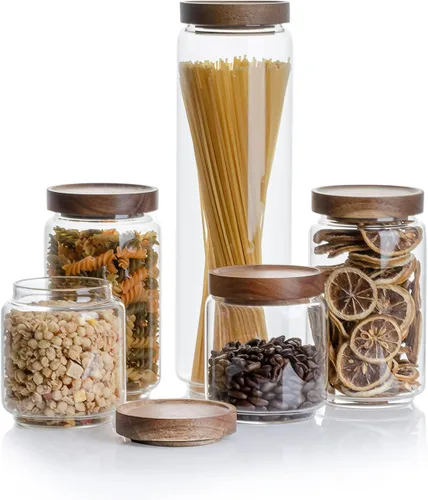 Kanwone Recipientes herméticos para almacenamiento de alimentos con tapas de bambú, juego de 5, recipientes apilables de almacenamiento de