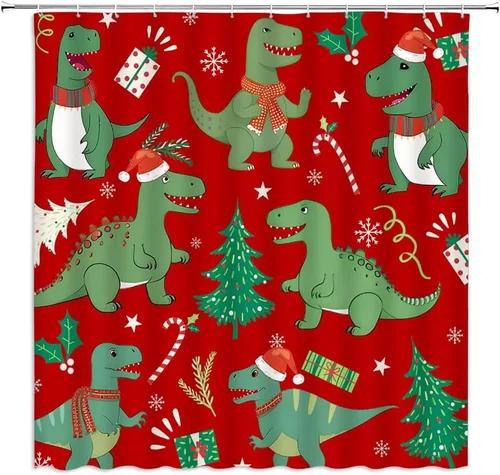 Cortina de ducha de dinosaurio de Navidad, sombrero de Navidad, árbol de abeto, vacaciones de invierno, Año Nuevo, lindo animal de dibujos animados