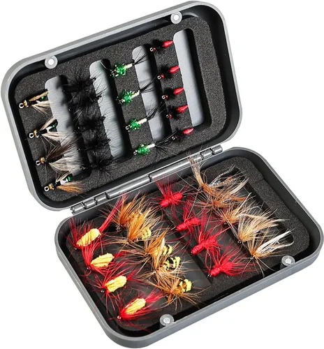 Kit surtido de moscas de pesca con mosca, señuelos de pesca secos y húmedos atados a mano, ninfas, serpentinas, terrestres para trucha, lucio, lucio