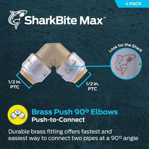 Miniatura 2 de SharkBite Max Codo de 90 Grados de 1/2 Pulgada, Paquete de 4, Accesorio de Plomería de Latón de Conexión Rápida, Tubo PEX, Cobre, CPVC, PE-RT, HDPE