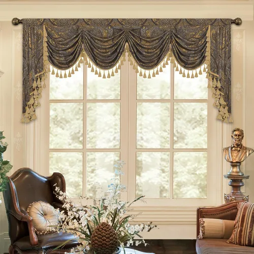 Miniatura 18 de Loom and Mill Cenefa de cascada de lujo de jacquard para sala de estar, elegantes cenefas de ventana con festones y cuentas damascadas, cortinas